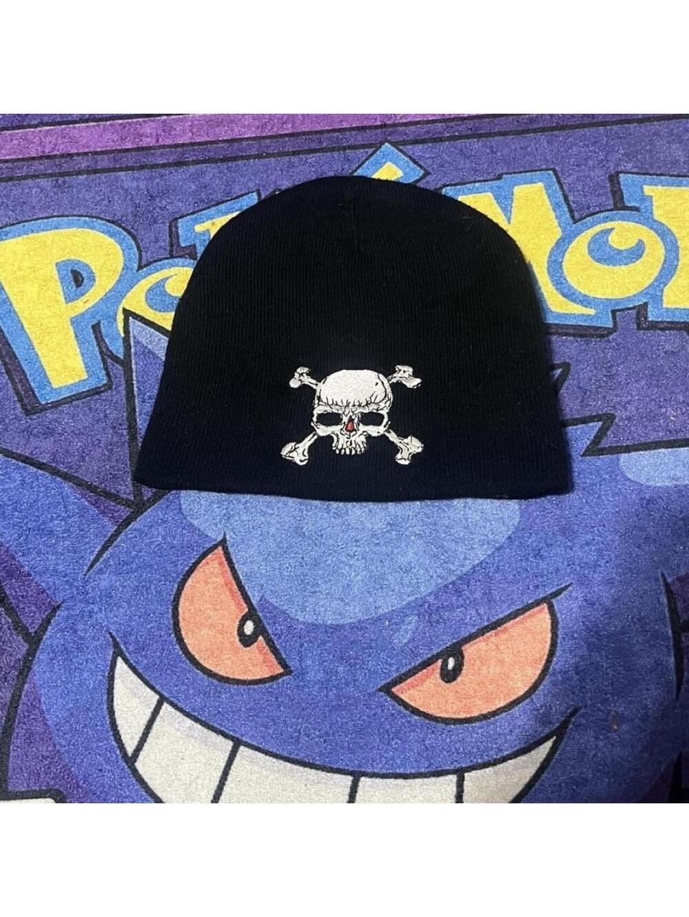 embroidered Black n white y2k skull and bones beanie